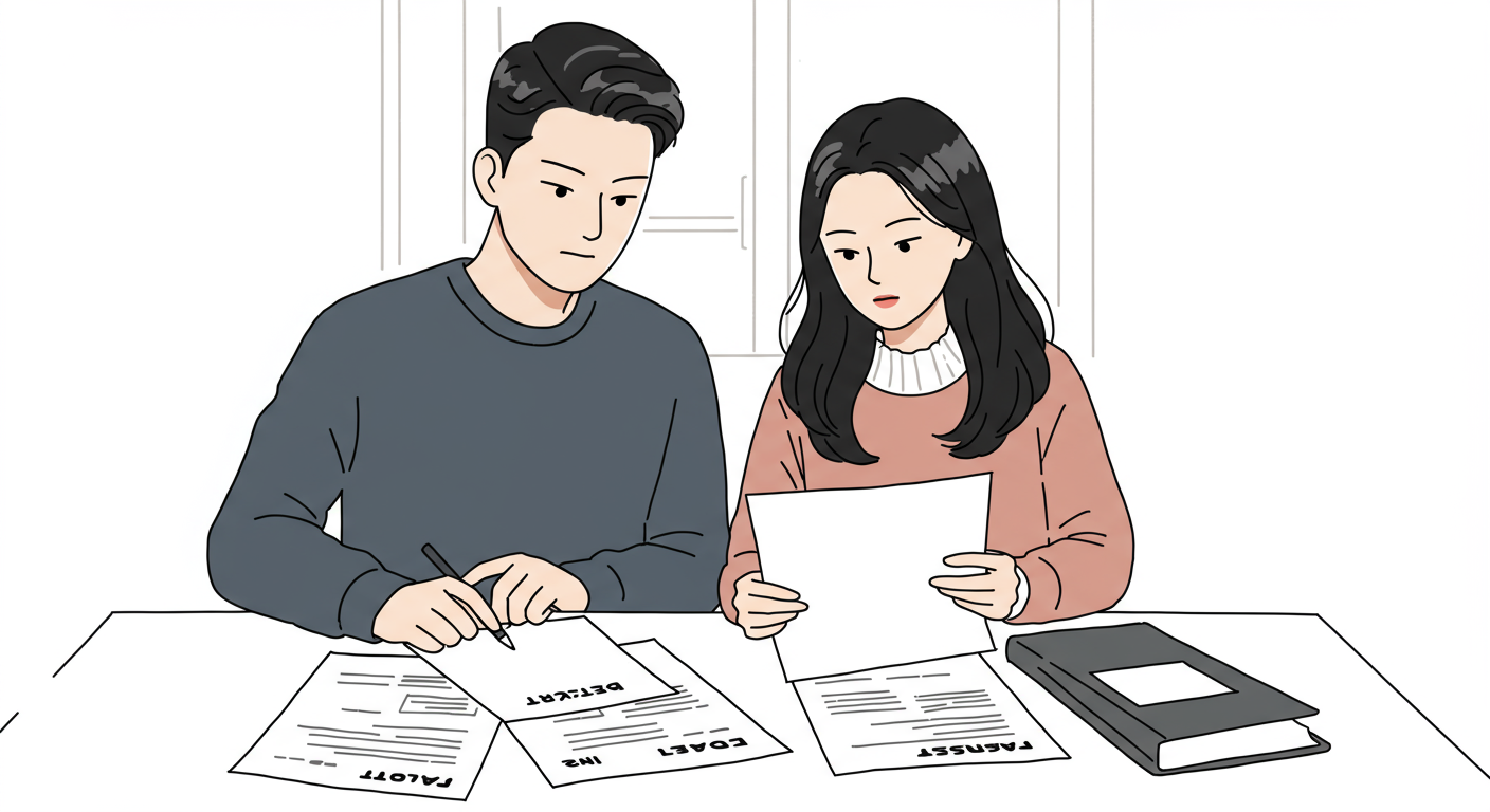 집에서 계약서를 검토하는 젊은 커플
