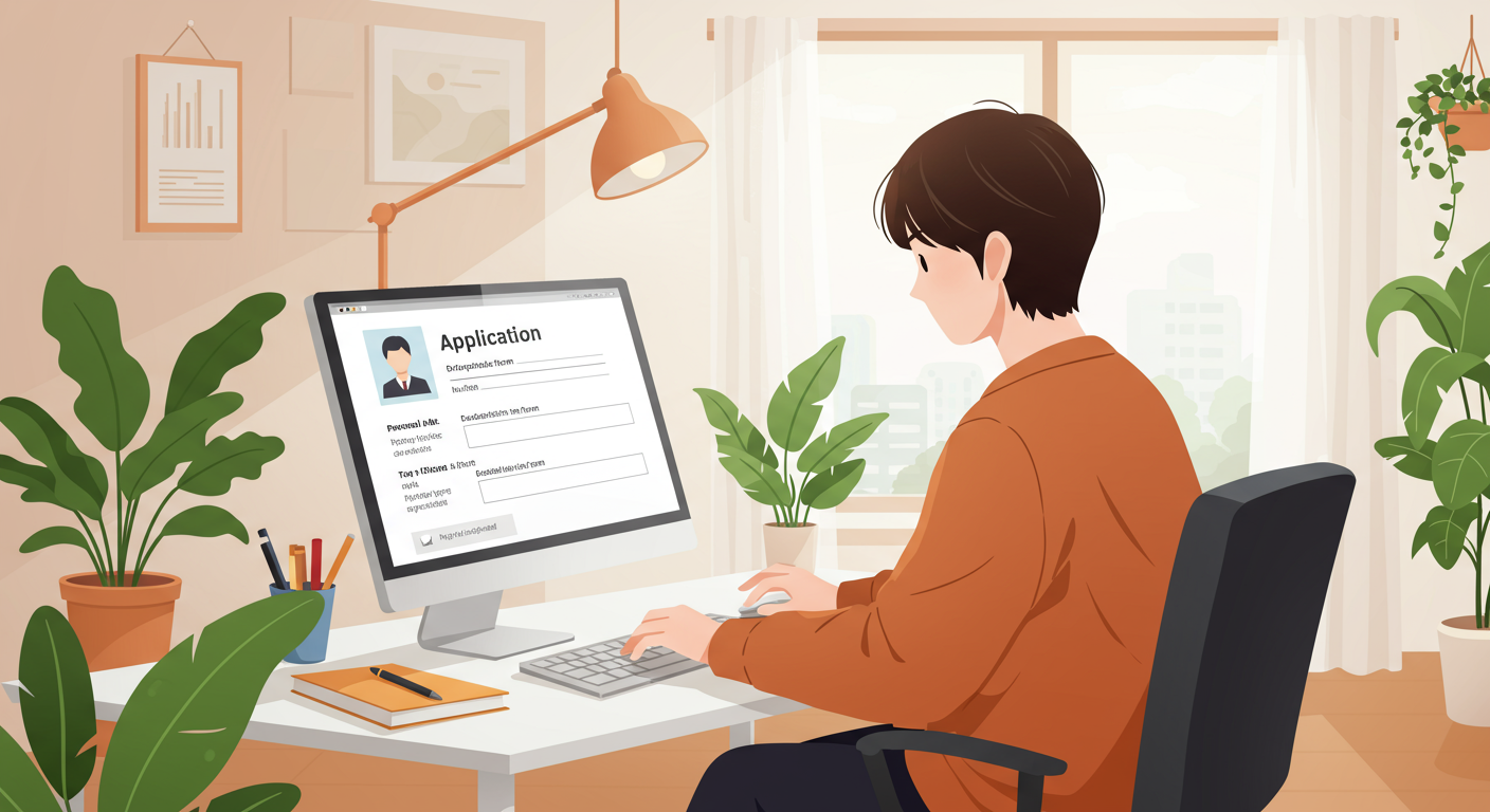 밝은 공부방에서 온라인 양식을 작성 중인 한국인