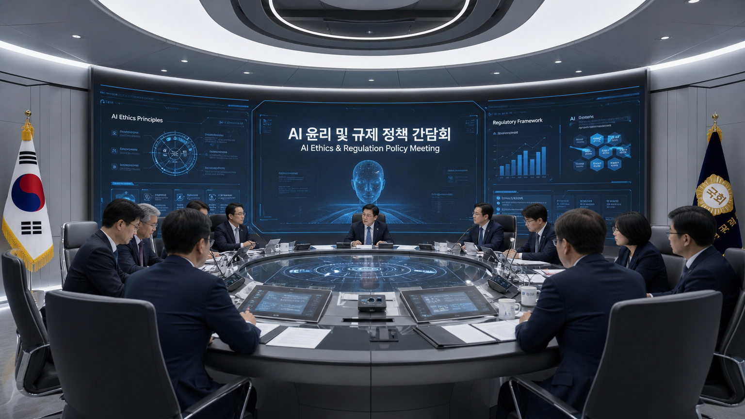 미래지향적인 회의실에서 홀로그램을 통해 AI 윤리를 논의하는 모습