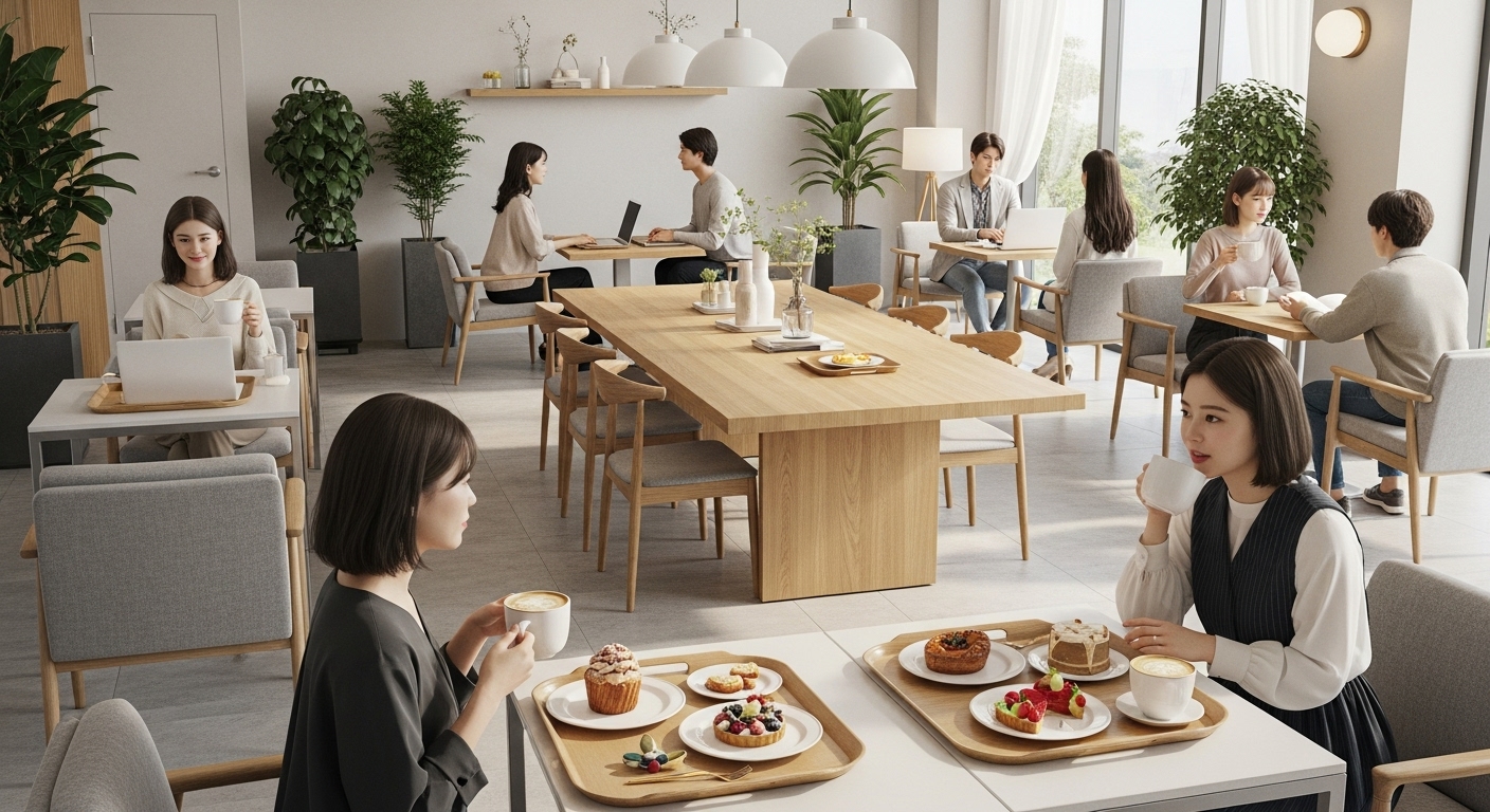 현대적인 인테리어의 한국 카페에서 젊은 사람들이 커피와 페이스트리를 즐기는 모습