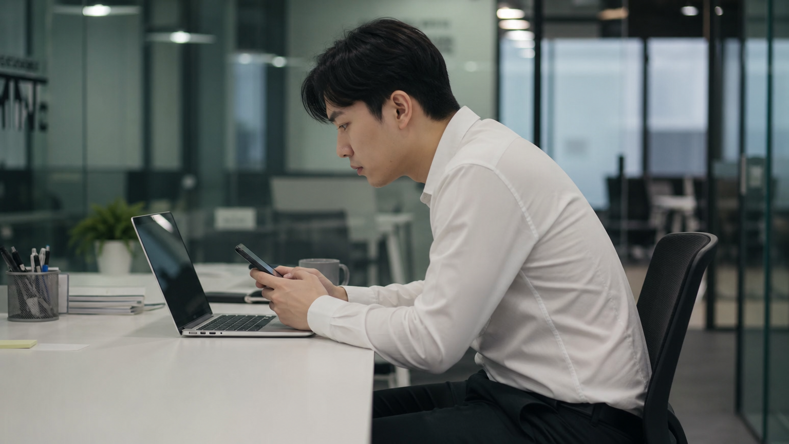 사무실에서 잘못된 자세로 앉아 있는 한국 직장인의 모습