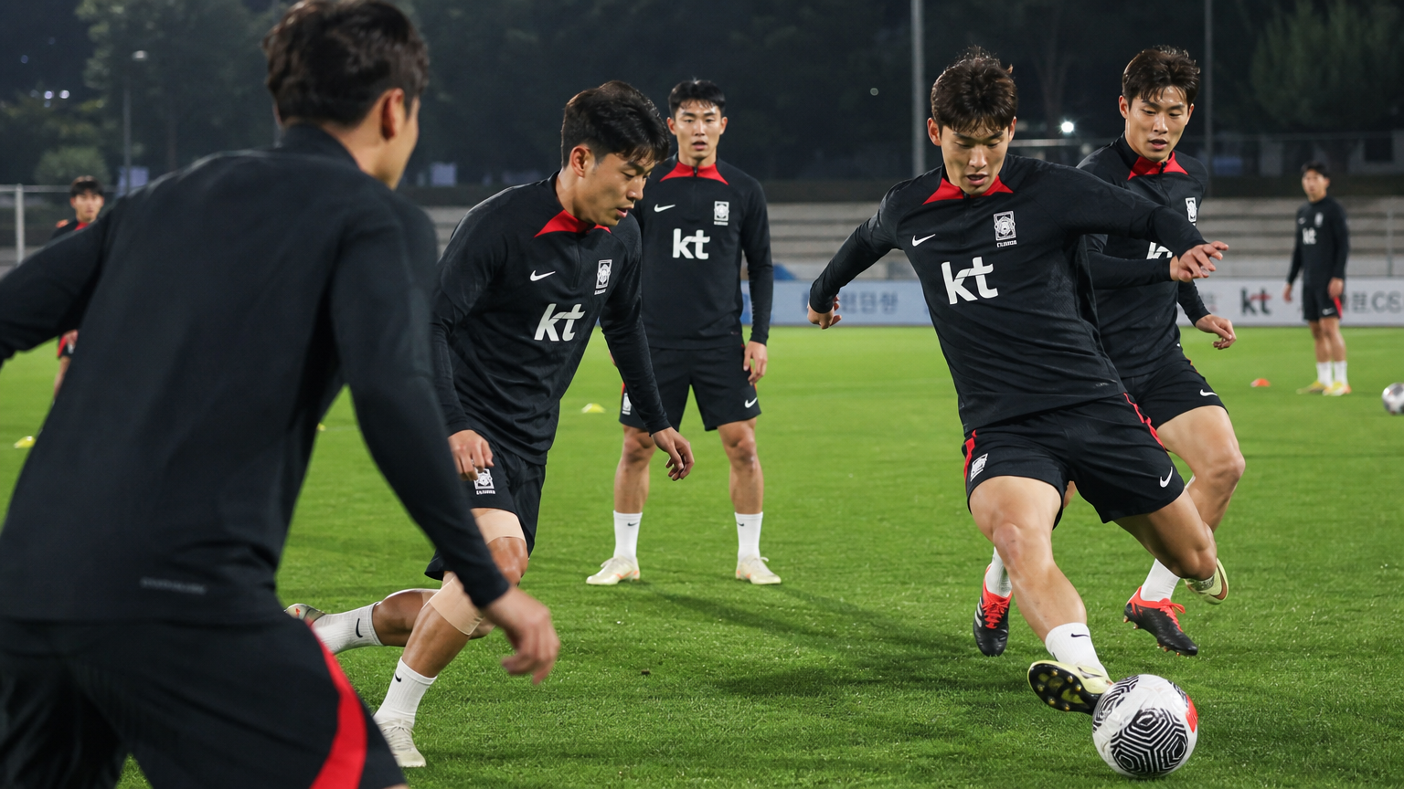 조명 아래 훈련에 몰두하며 팀워크를 다지는 한국 축구 선수들