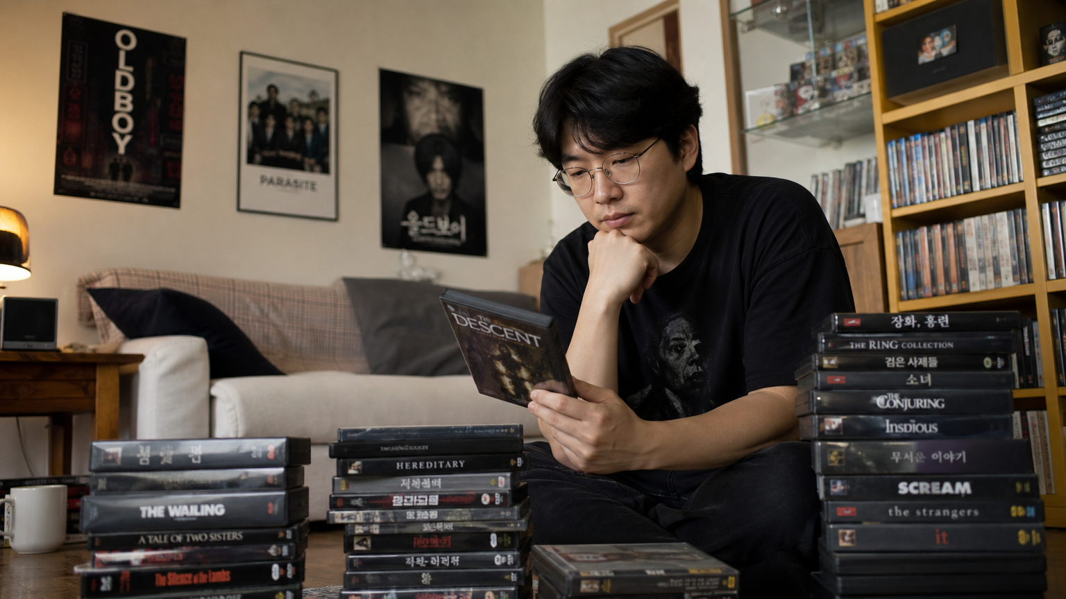 현대적인 거실에서 공포영화 DVD를 정리하며 고민하는 영화 애호가