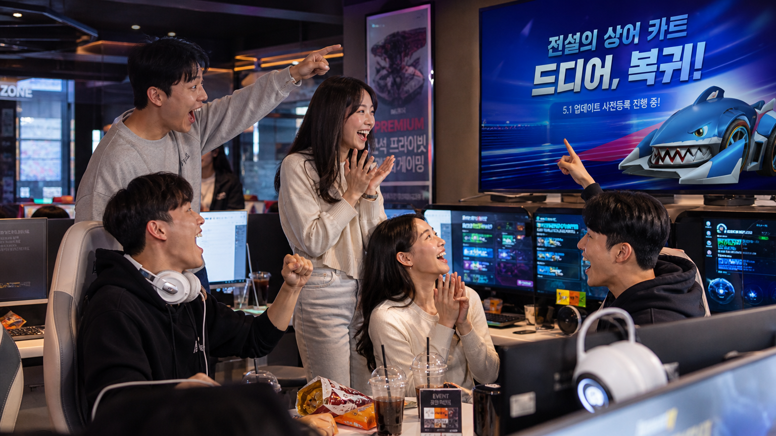 전설적인 상어 테마 카트의 복귀를 기대하며 게임 카페에서 열띤 대화를 나누는 현대인들