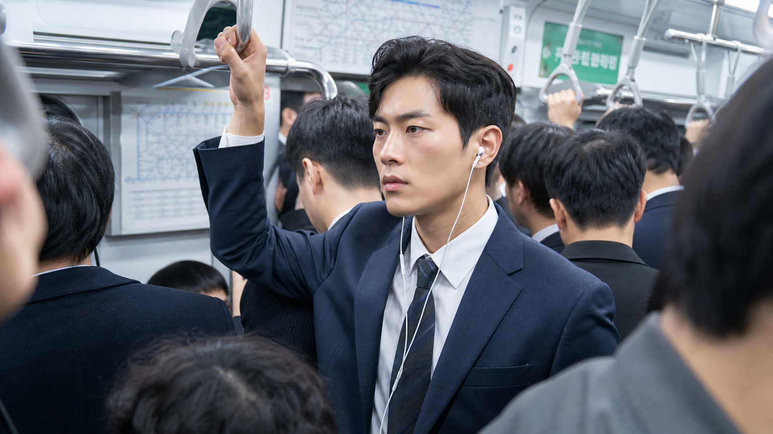 서울 지하철에서 출근하는 현대 직장인의 모습