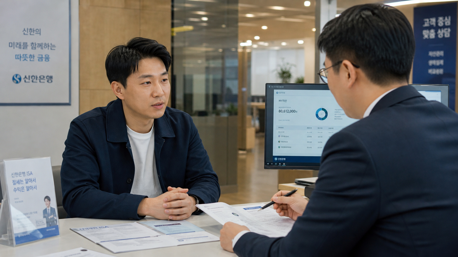 은행에서 금융 상담을 받는 한국 남성