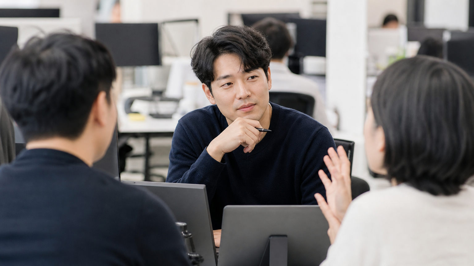 사무실에서 동료들과 대화를 나누는 한국 남성