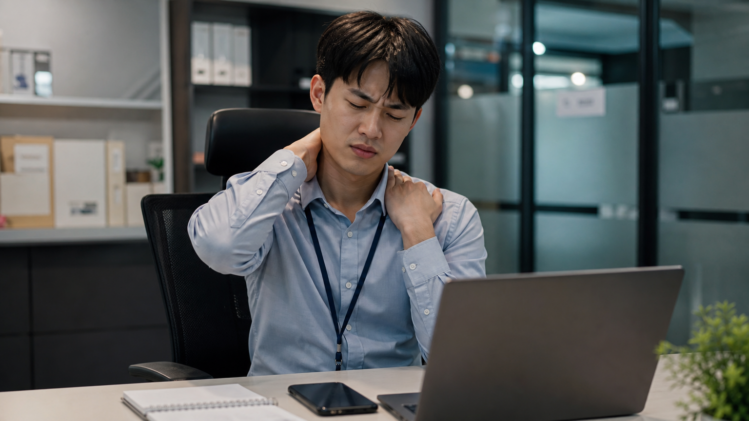 사무실에서 노트북과 스마트폰을 사용하며 목과 어깨를 주무르는 직장인의 모습