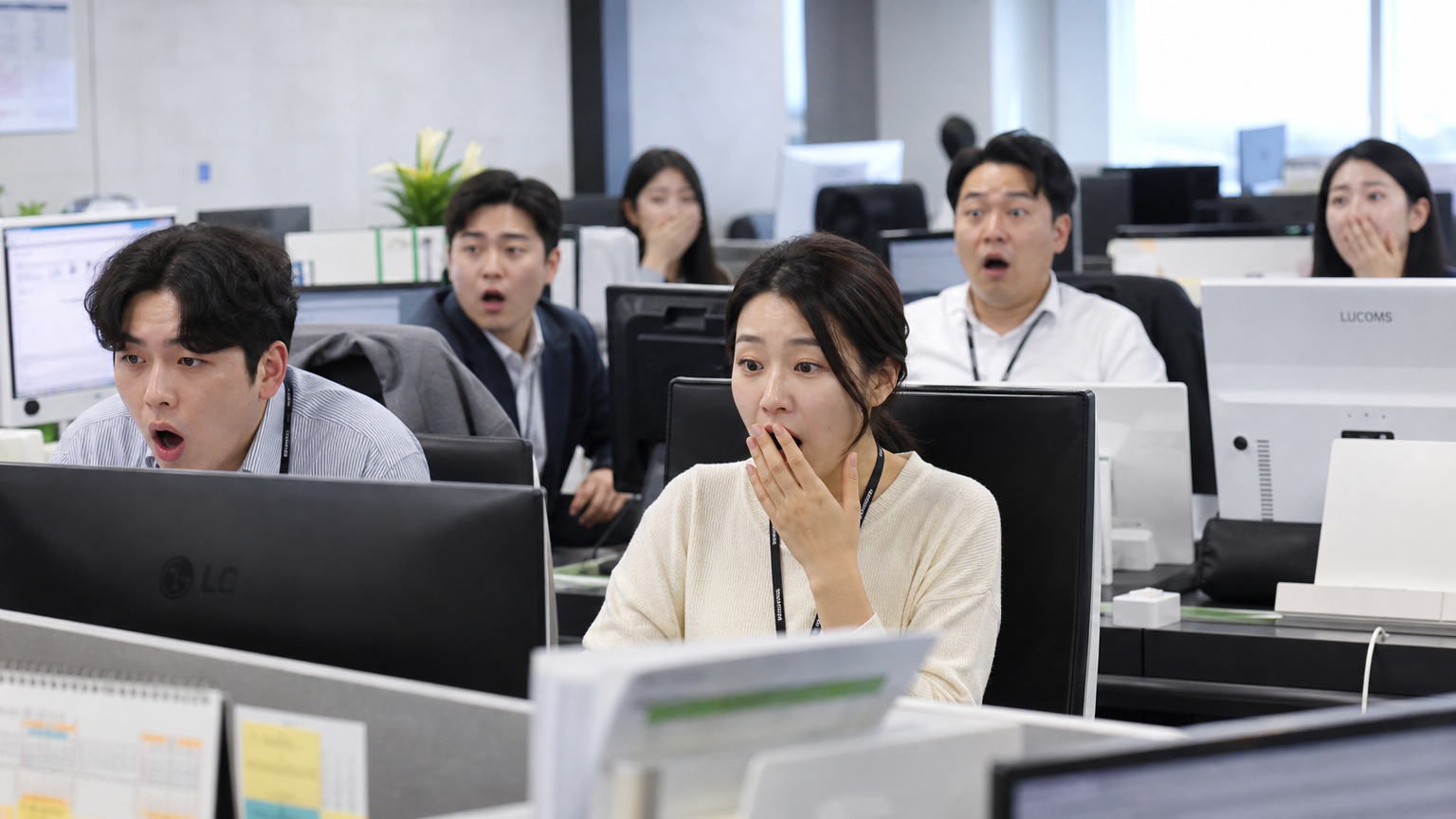 사무실에서 컴퓨터 화면을 보며 충격을 받은 직장인들