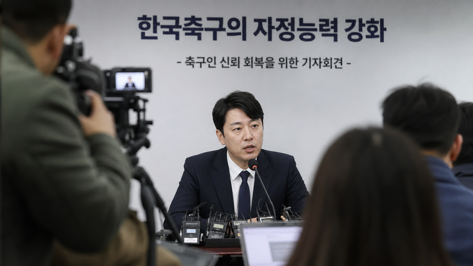 기자회견장에서 마이크를 잡고 발언하는 한국 남성