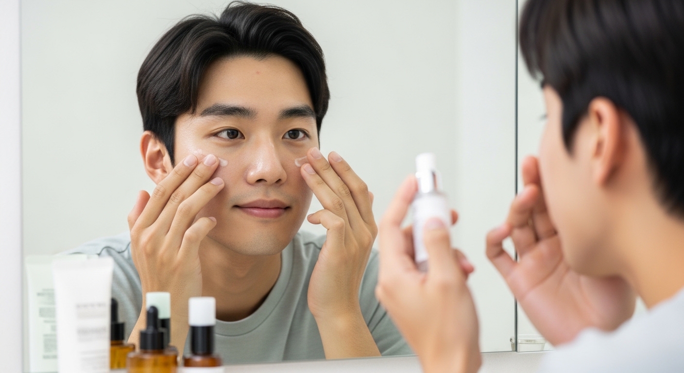 피지 조절을 위해 스킨케어 제품을 바르는 젊은 남성의 모습