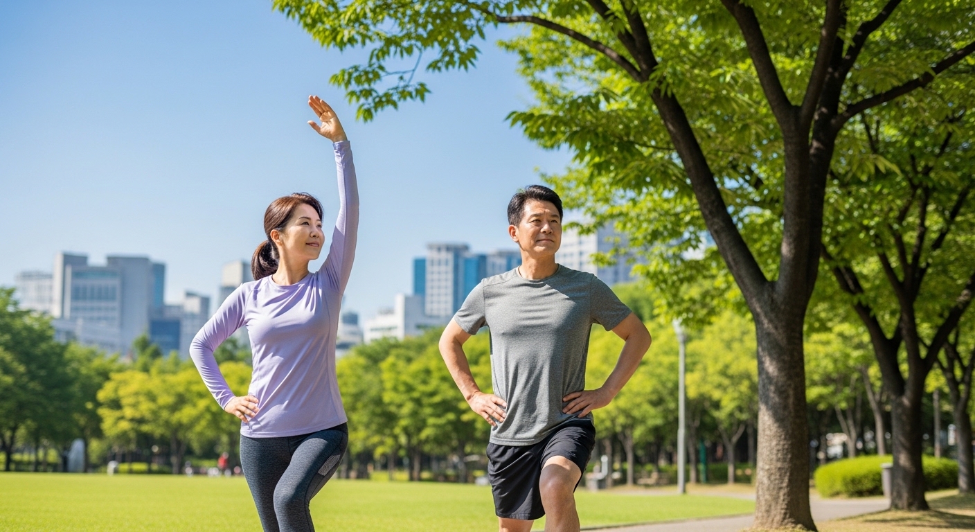 도심 공원에서 건강과 활력을 위해 운동하는 중년 부부의 모습