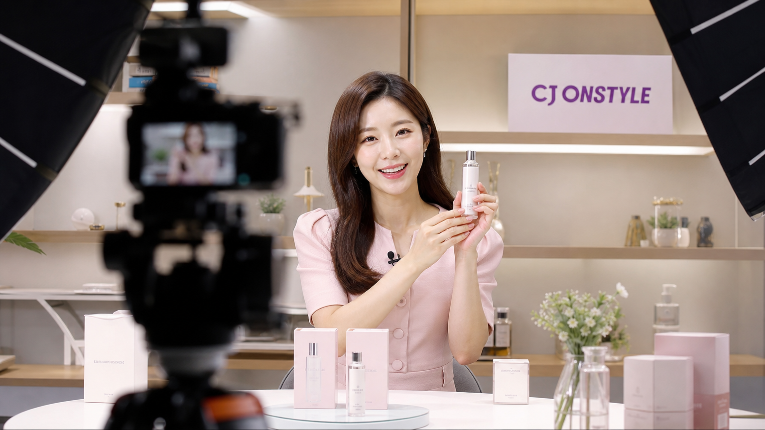 홈쇼핑 스튜디오에서 제품을 소개하는 현대적인 여성 쇼호스트의 모습