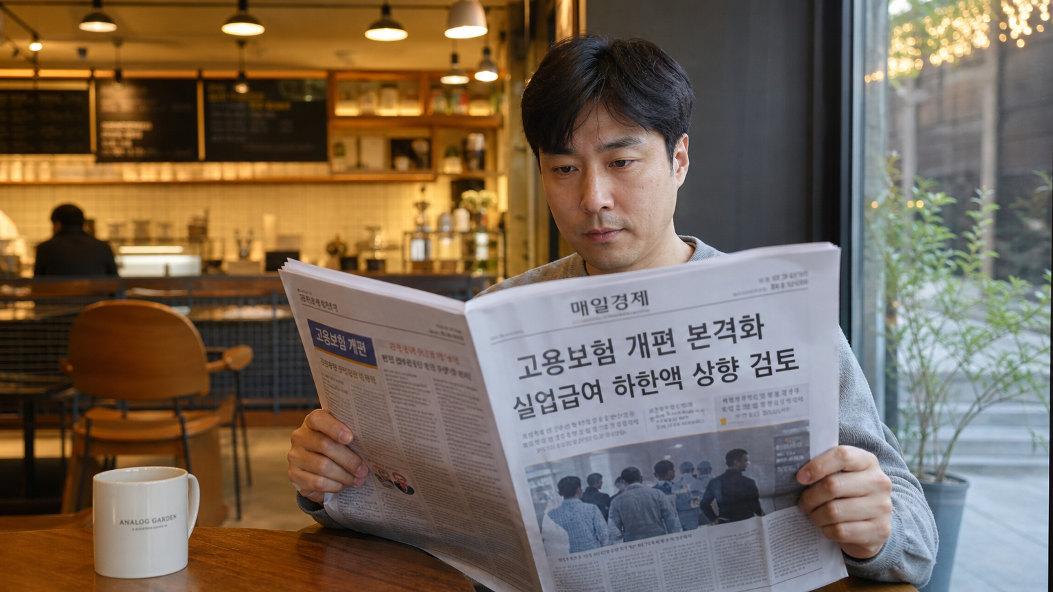 카페에서 신문을 읽으며 고용보험 개편 기사를 보는 남성