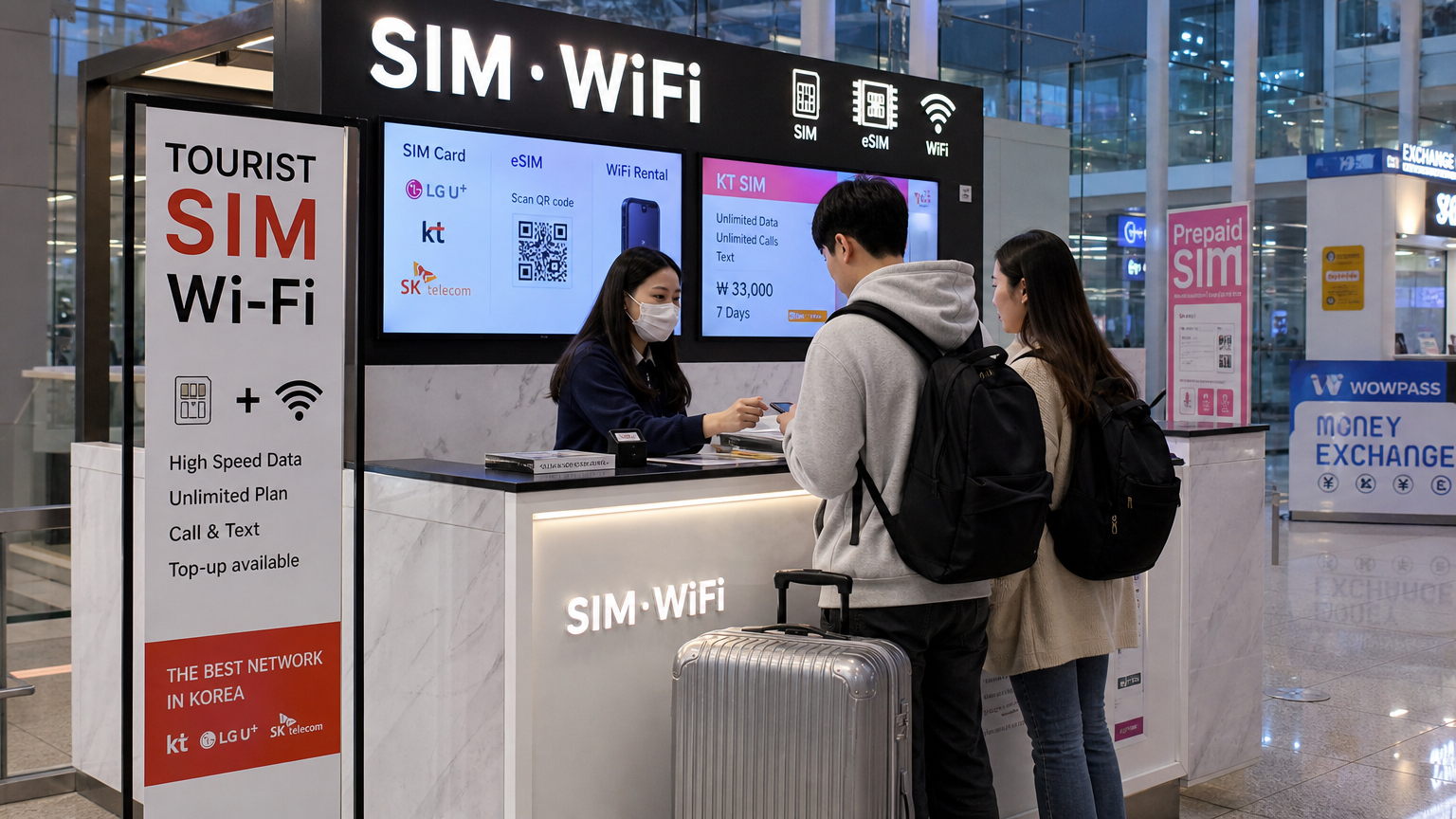 한국 여행자들이 공항 키오스크에서 현지 SIM 카드를 구매하는 모습