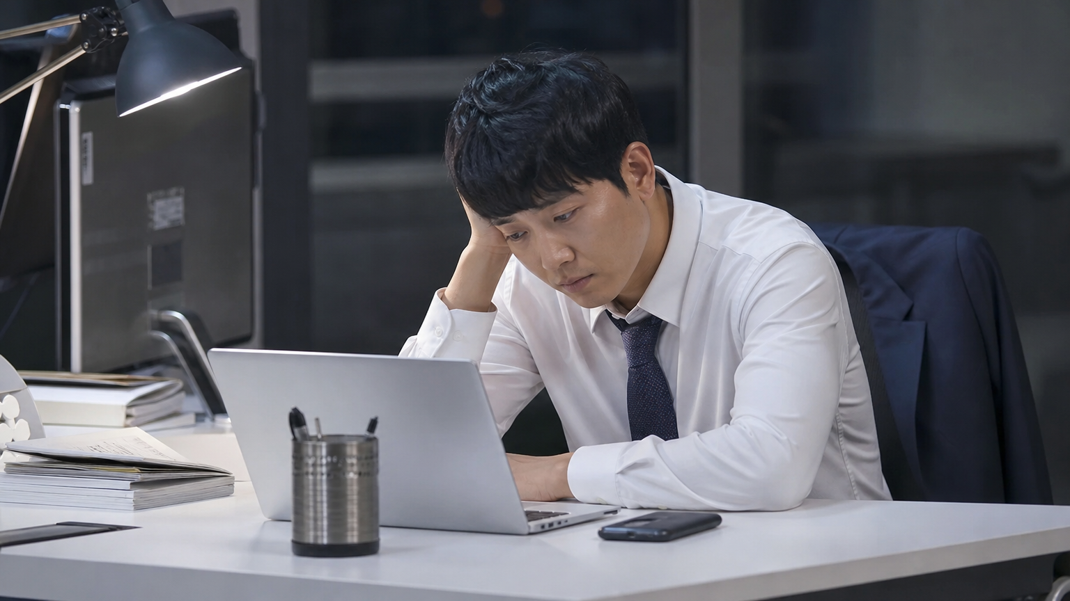 책상 앞에서 피곤해 보이는 직장인의 모습