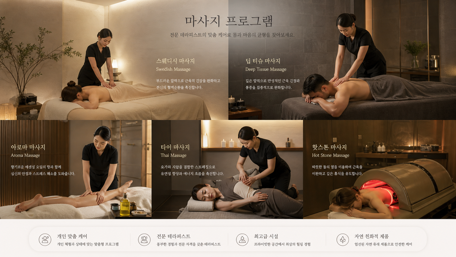 현대적인 스파에서 다양한 마사지 유형을 시연하는 모습