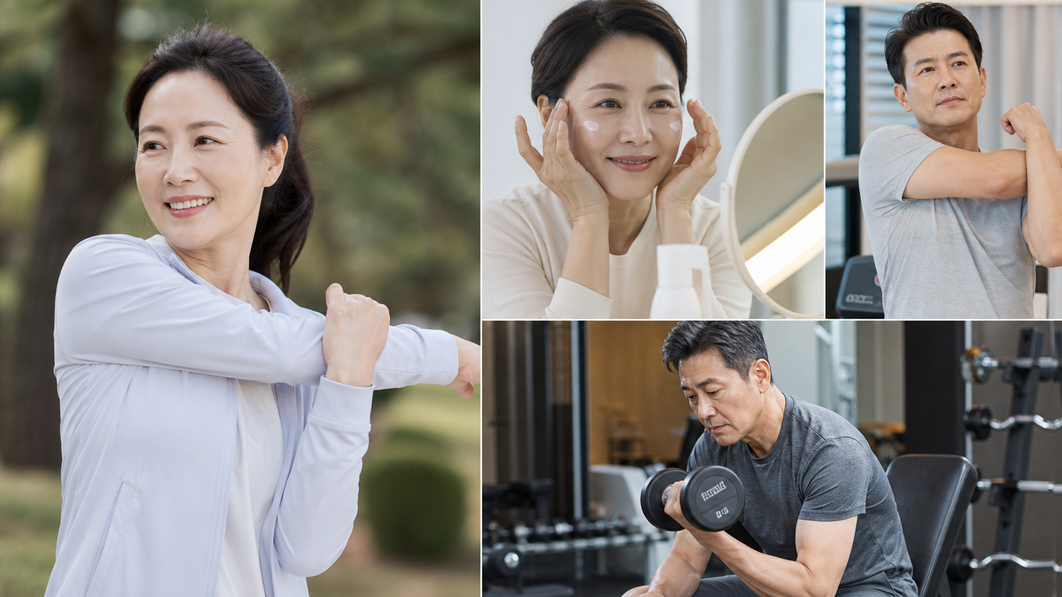 새로운 미용 트렌드를 반영하여 운동과 피부 관리를 하는 중년 배우들