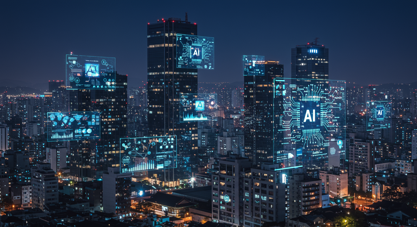 현대 한국 도시 풍경과 미래지향적 기술이 결합된 모습