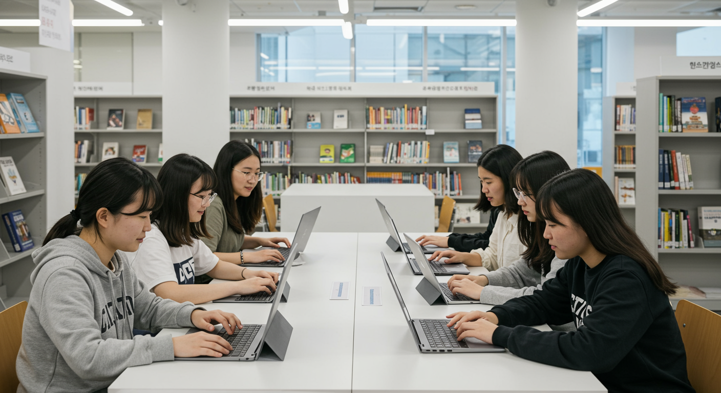 도서관에서 미래 직업 준비를 위해 교육 기술을 활용하는 젊은 층