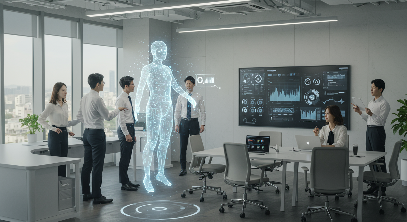 사무실에서 직원들과 상호작용하는 첨단 AI 홀로그램 비서