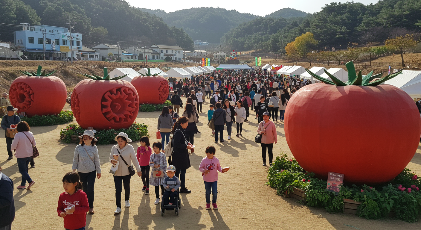 많은 사람들이 참여한 가운데 햇빛 아래에서 열린 화천 토마토 축제의 활기찬 모습