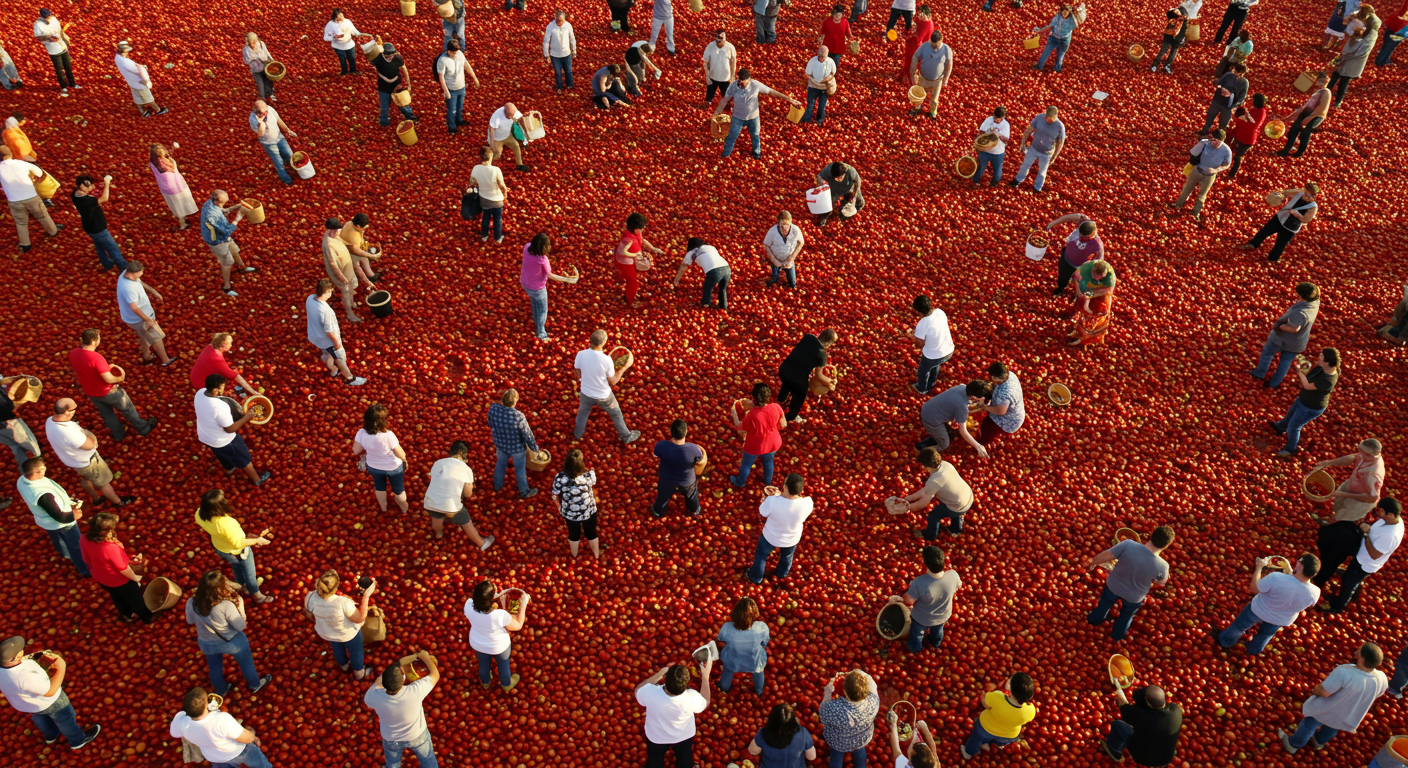 수많은 사람들이 토마토 더미 속에서 숨겨진 황금 반지를 찾는 모습을 하늘에서 내려다본 장면