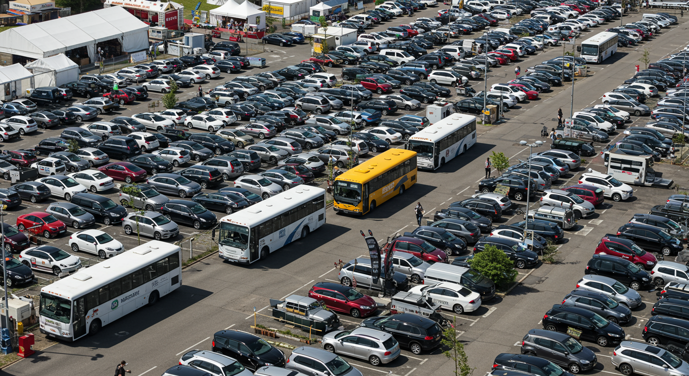 축제장 인근 대형 주차장에 세워진 차량들과 셔틀버스를 이용해 이동하는 방문객들