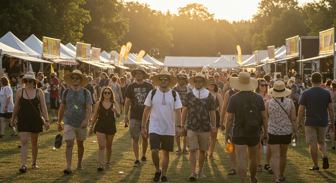 모자와 선글라스를 착용하고 여름 햇살 아래 다양한 이벤트를 탐험하는 방문객들
