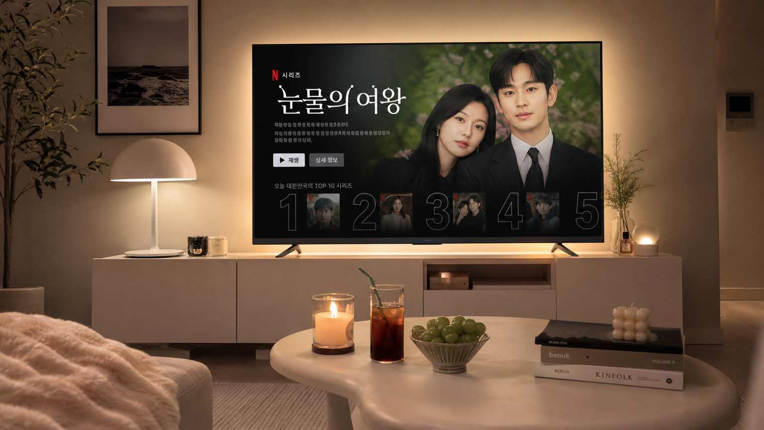 넷플릭스 드라마 '맨 끝줄 소년' 포스터가 보이는 현대적인 한국 거실