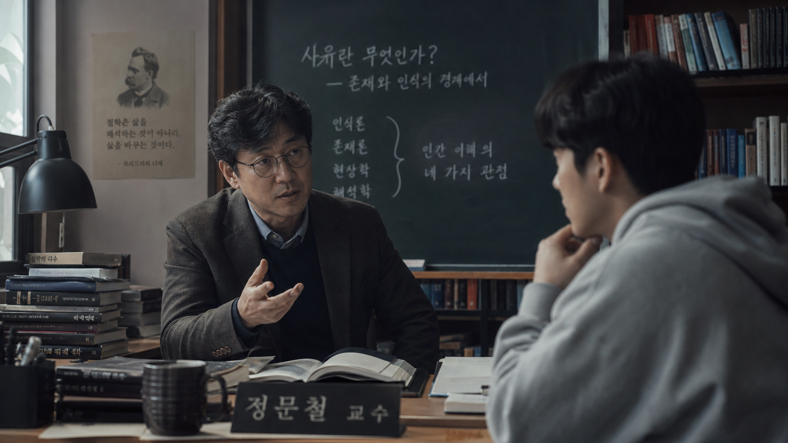 교수와 학생이 서스펜스를 느끼며 대화하는 강의실 장면