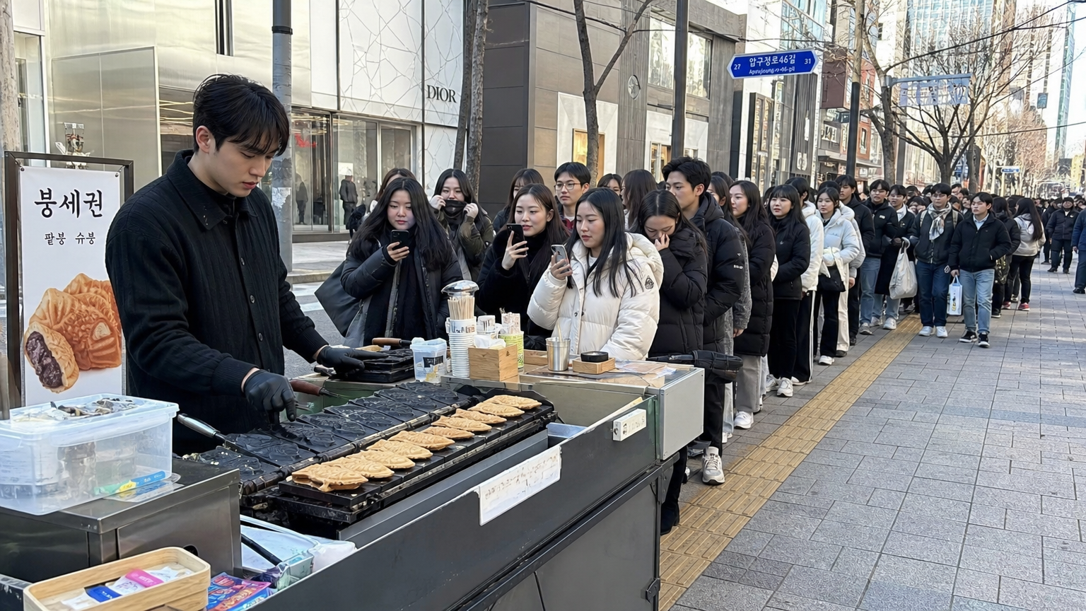 서울 압구정역에서 붕어빵을 만드는 젊은 남성과 길게 줄 서 있는 사람들