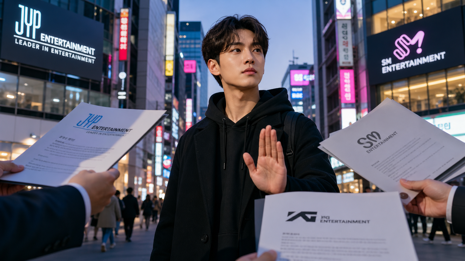 대형 기획사 제안을 단호히 거절하는 젊은 사업가의 자신감 있는 모습