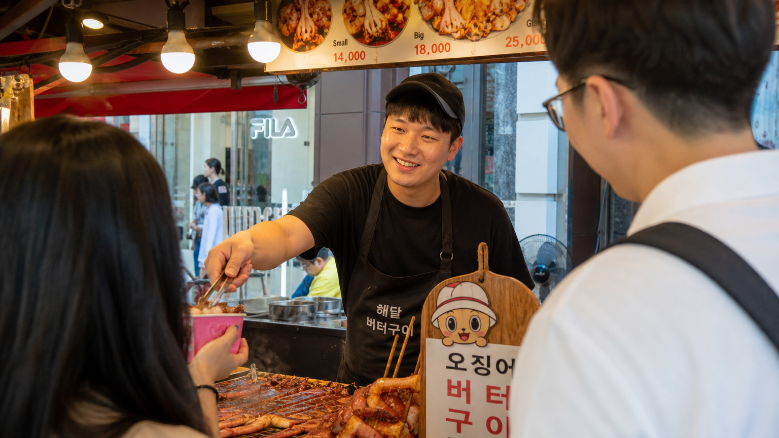 서울 거리 노점에서 고객들과 친근하게 소통하는 젊은 상인의 모습