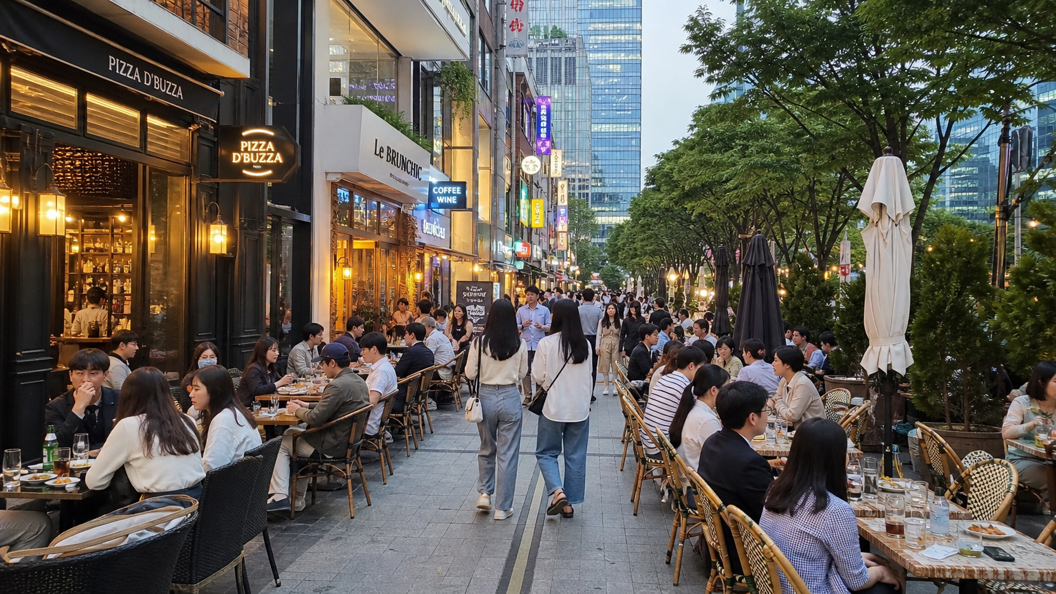 트렌디한 레스토랑과 카페가 줄지어 있는 여의도의 거리 풍경