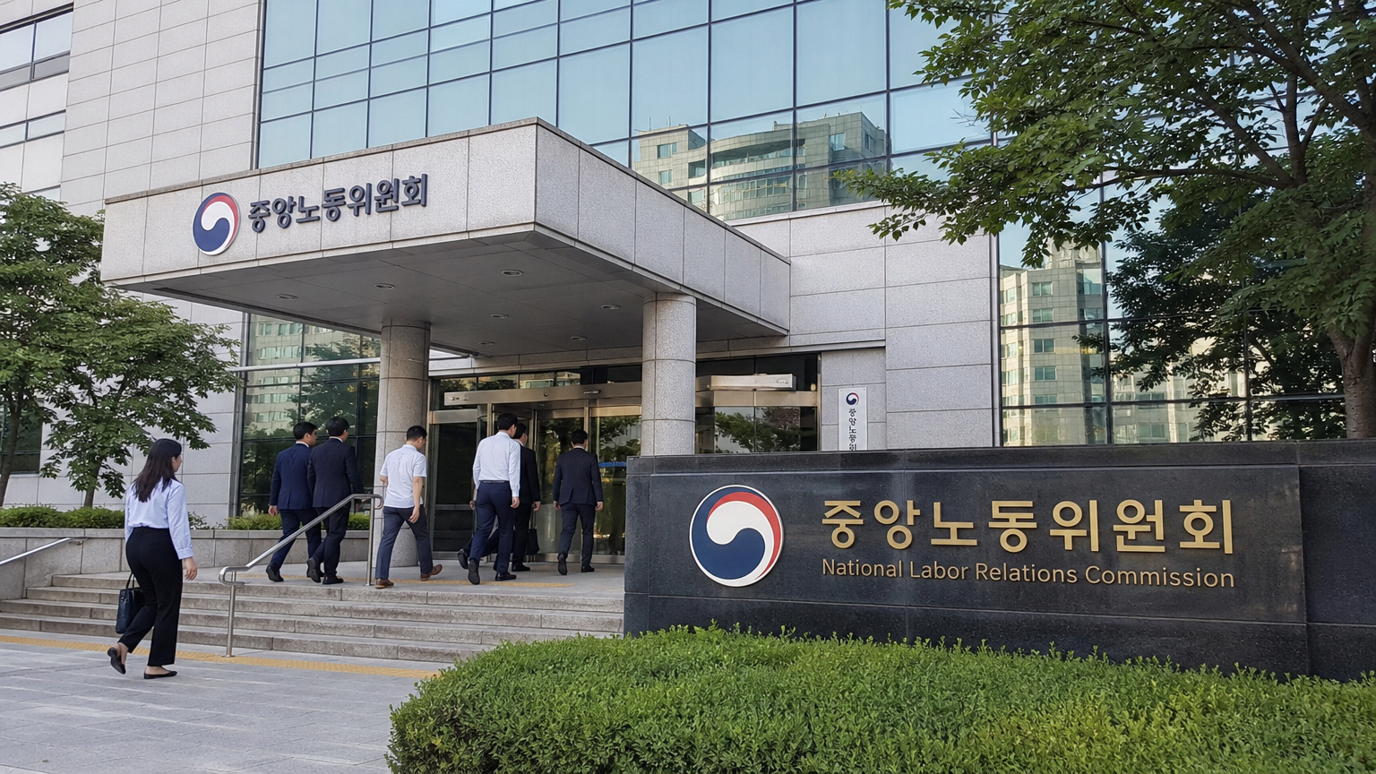 중앙노동위원회의 현대적인 건물 입구와 출입하는 사람들