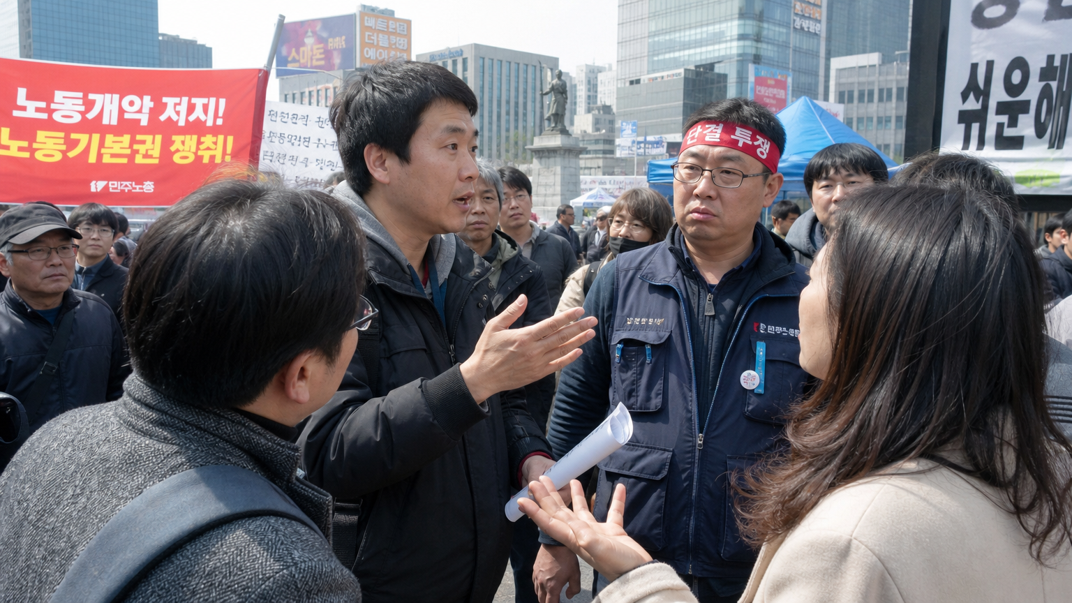 도시 광장에서 노동 문제에 대해 열띤 토론을 벌이는 다양한 사람들