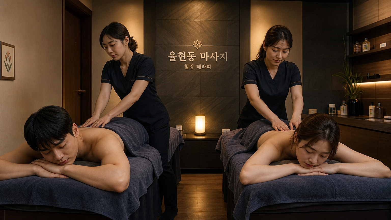 서울 강남 율현동의 현대적인 인테리어와 편안한 분위기의 커플 마사지샵에서 마사지를 받는 두 명의 젊은 성인 모습