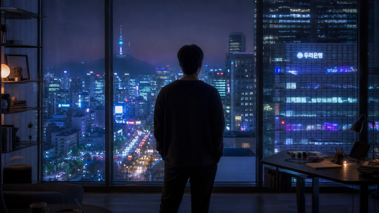 서울 도심을 바라보며 고독과 결단력을 느끼는 남성의 모습