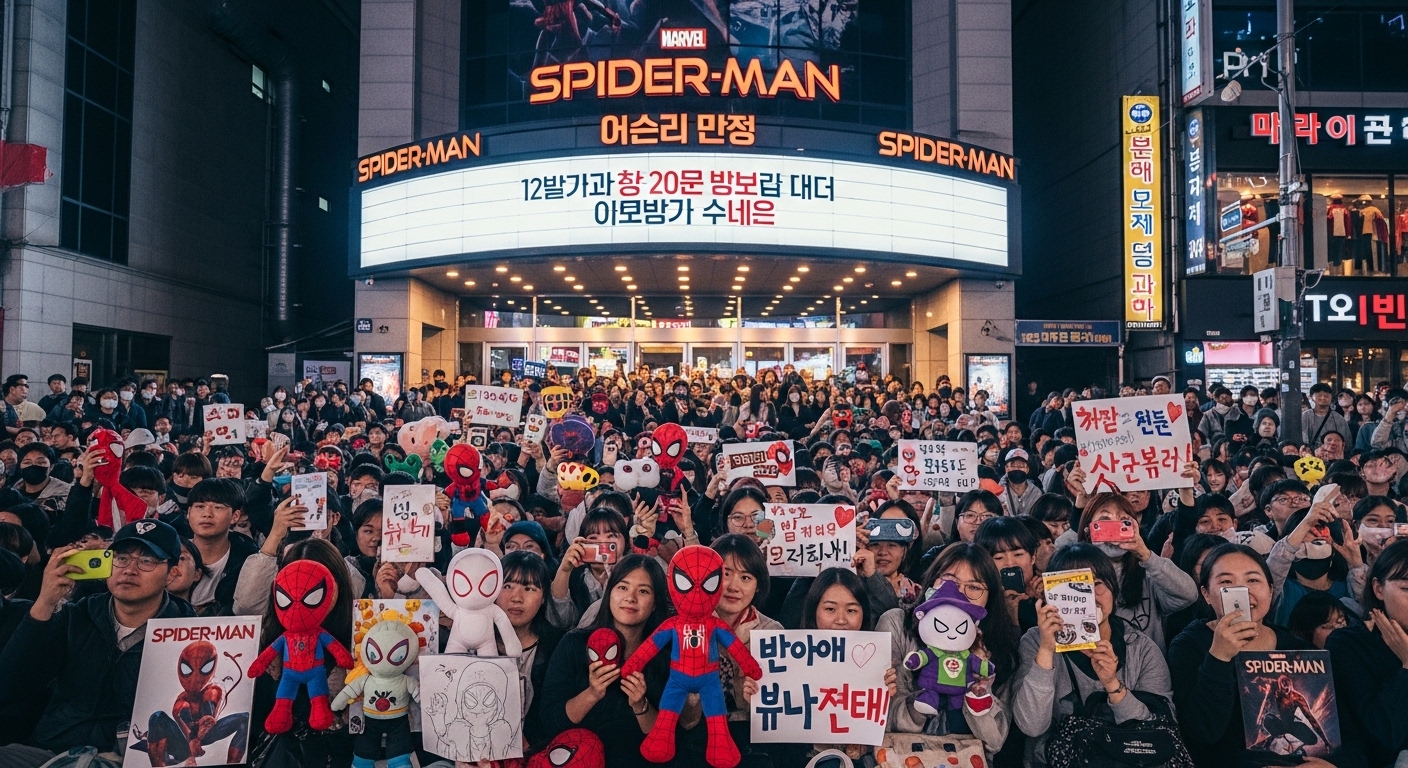 밤에 한국 영화관 밖에서 스파이더맨 굿즈를 들고 있는 열정적인 팬들