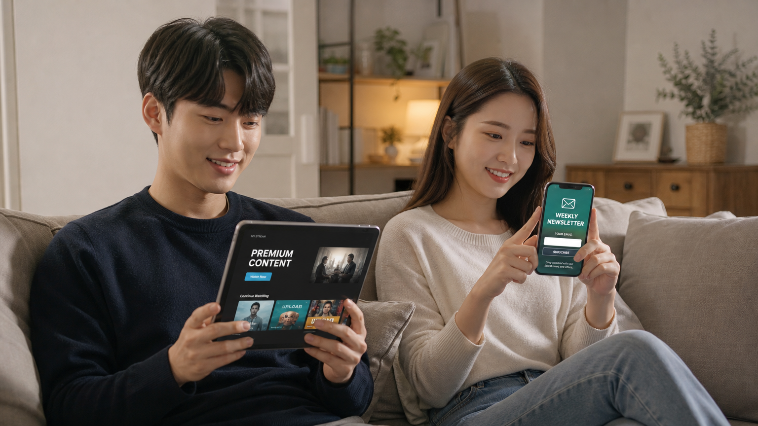 젊은 층이 프리미엄 콘텐츠와 뉴스레터 등의 디지털 서비스를 즐기는 모습