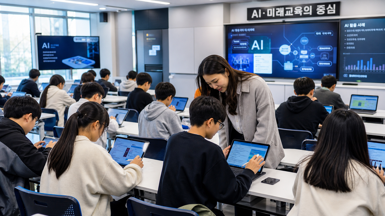 현대적인 교실에서 학생들이 태블릿과 컴퓨터를 활용해 AI를 배우는 모습