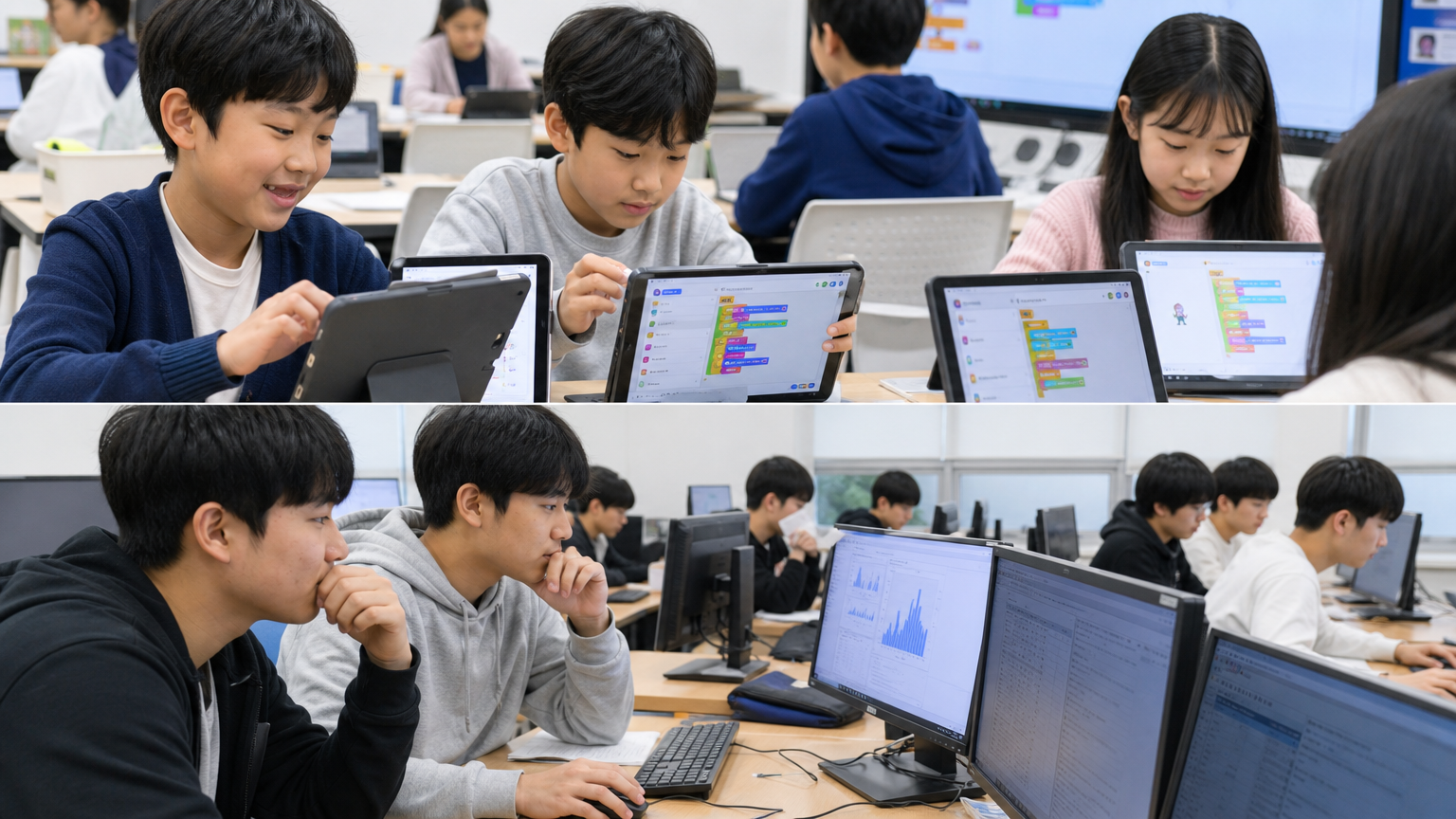 어린 학생들이 블록 코딩을 하고 나이가 든 학생들이 데이터 분석을 하는 모습