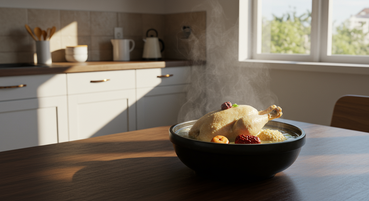 현대적인 한국 주방에서 햇살이 비치는 가운데 뜨거운 삼계탕 한 그릇과 인삼, 대추 등의 재료가 보이는 장면