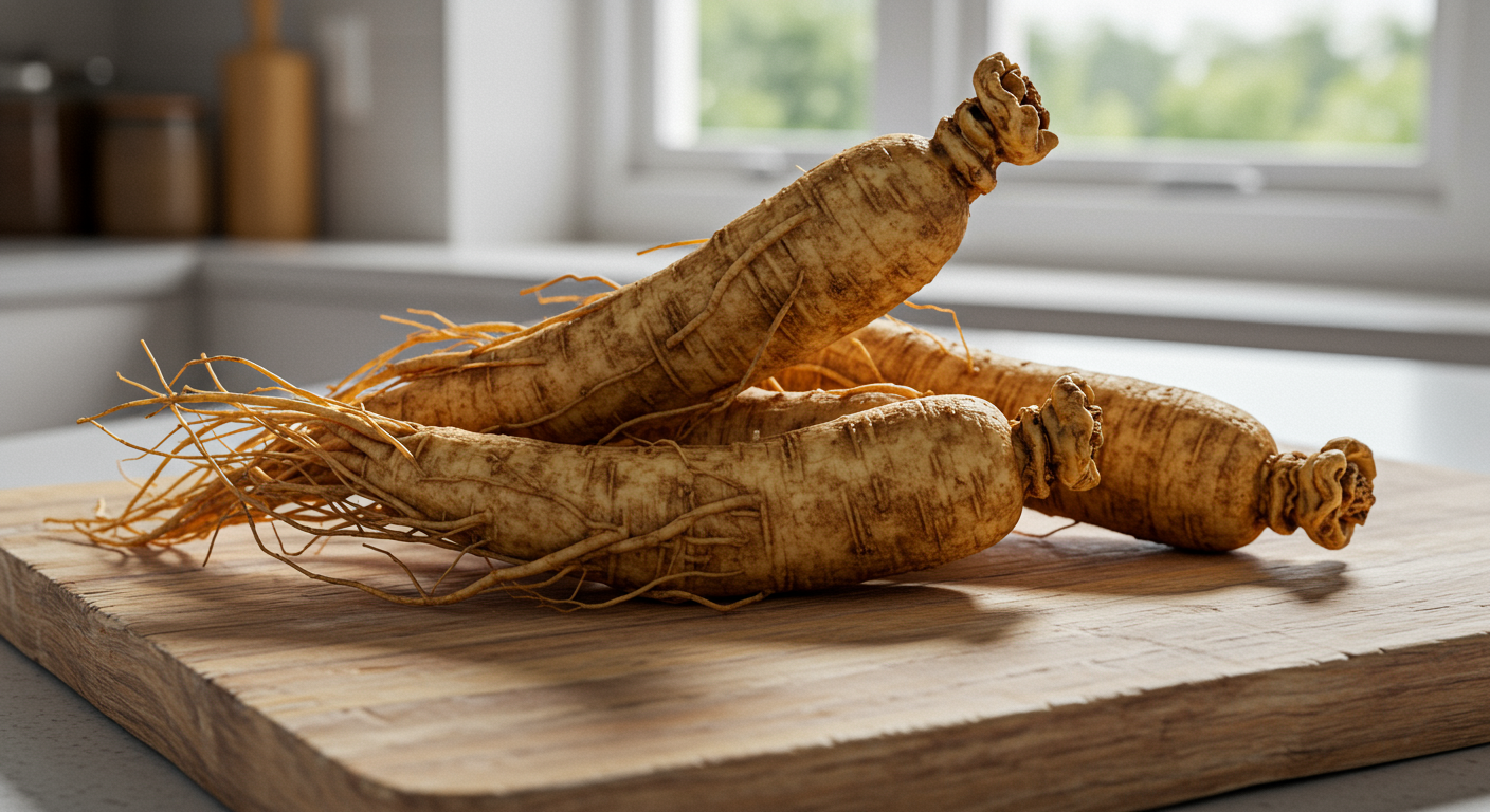 흙이 묻어있는 신선한 인삼 뿌리가 현대적인 한국 가정의 나무 도마 위에 놓여 있는 모습