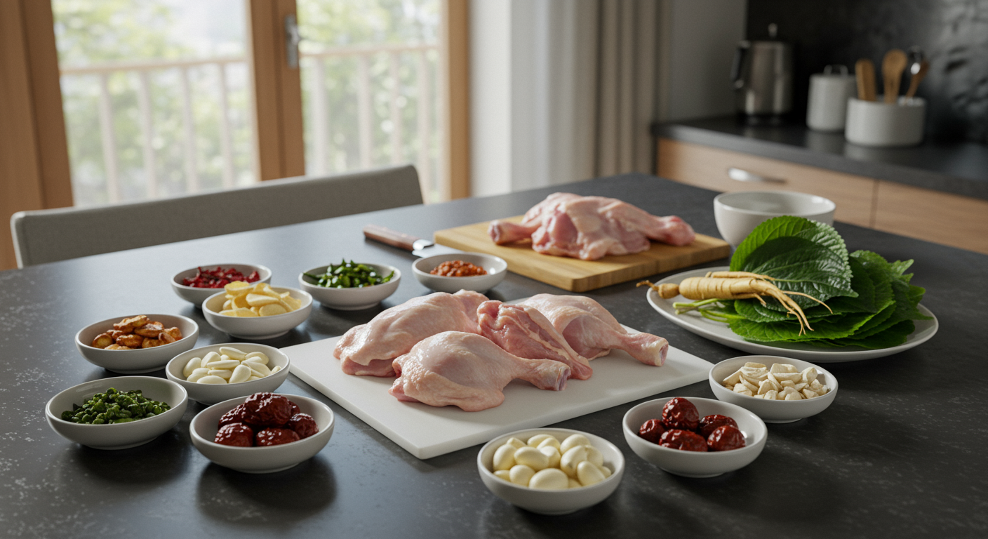 깔끔한 한국식 주방에서 삼계탕 준비를 위해 양념과 허브와 함께 놓여 있는 생닭 조각들