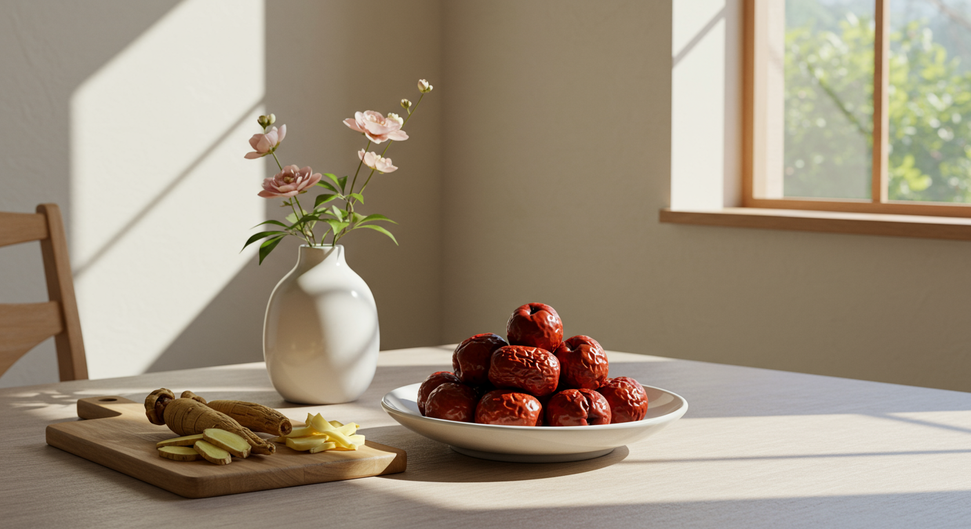 밝은 한국식 식당에서 세라믹 접시에 놓인 신선한 붉은 대추와 인삼 및 생강 등의 삼계탕 재료들