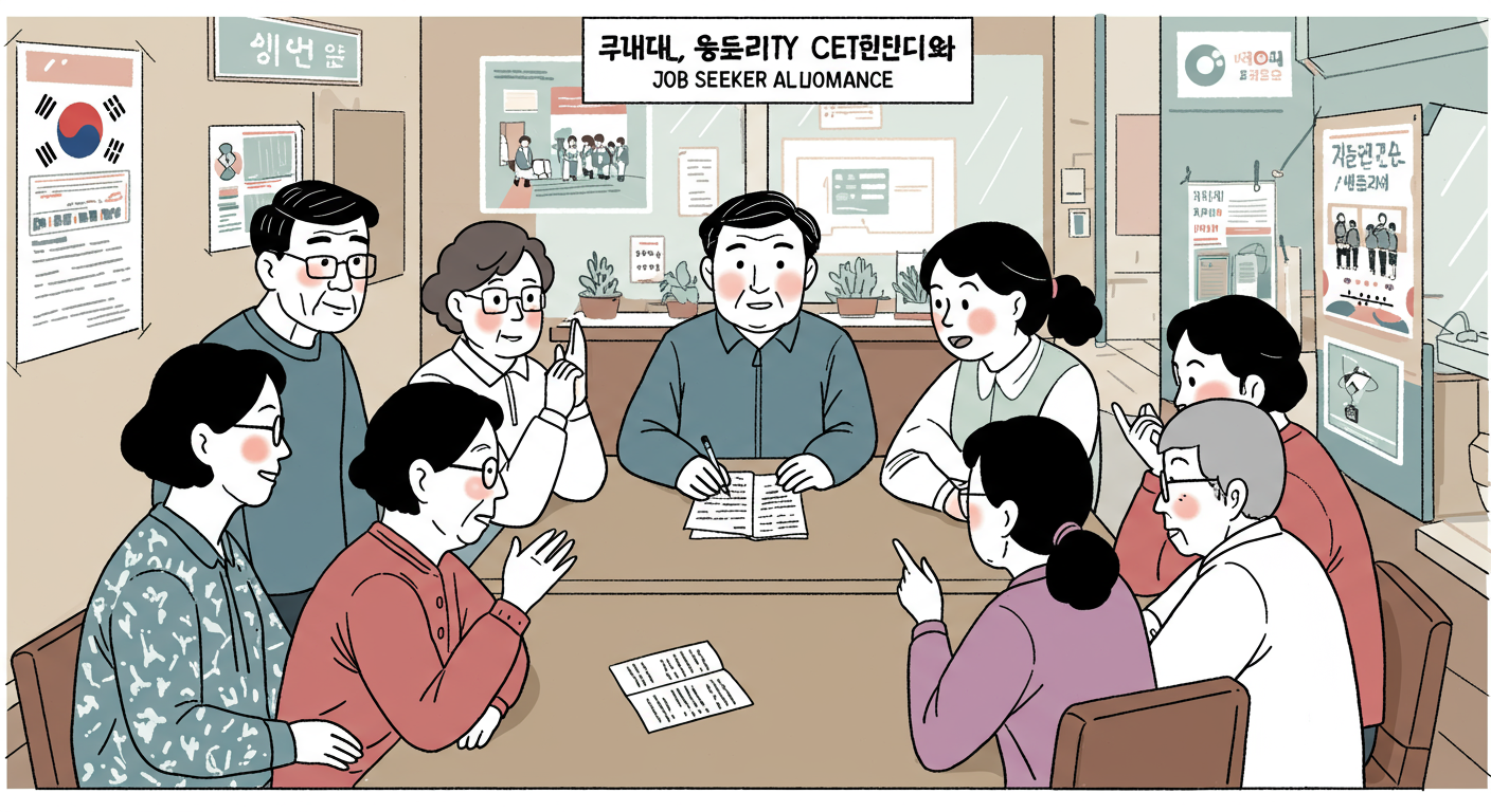 커뮤니티 센터에서 구직 촉진 수당의 자격 기준을 검토하는 다양한 연령대의 사람들