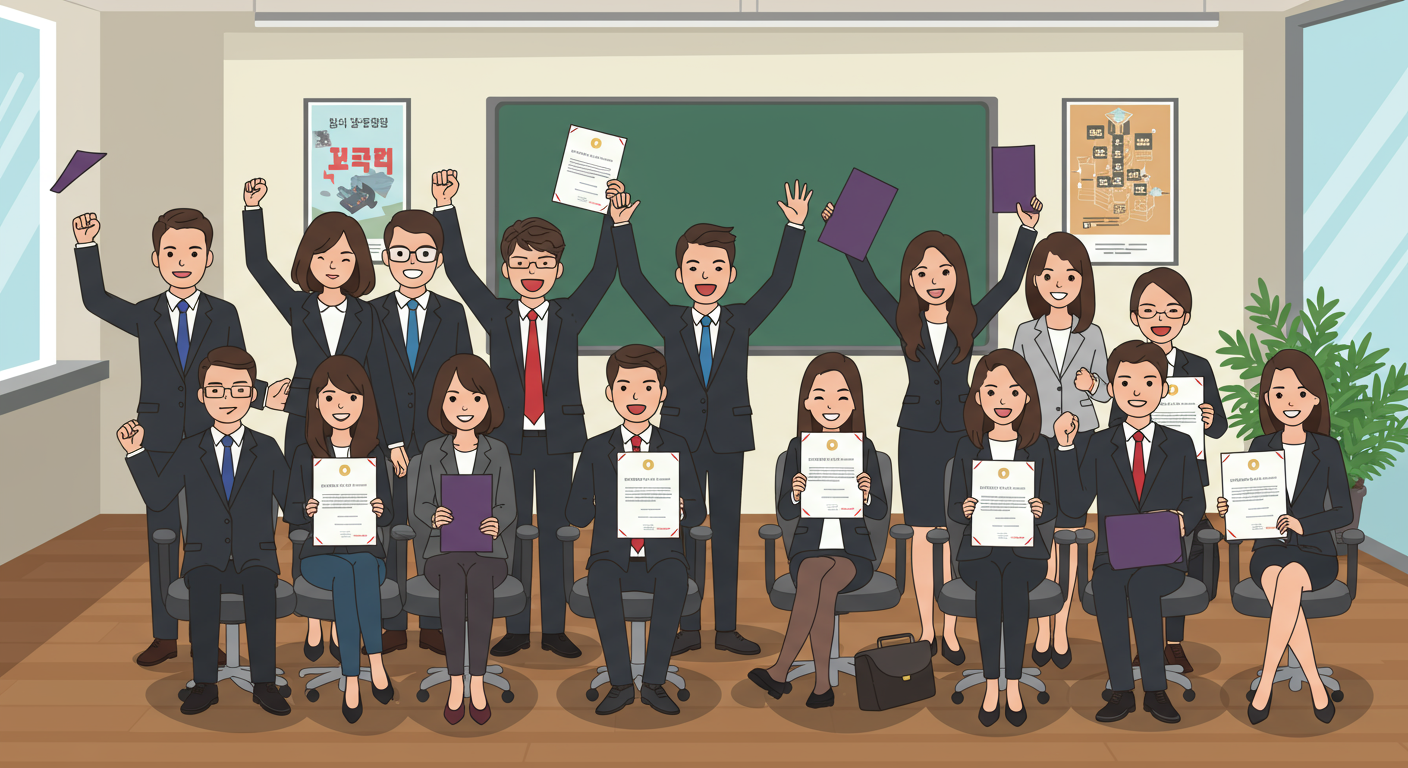 교육 기관에서 훈련 프로그램 완료 후 인증서를 받으며 기뻐하는 한국인 전문가들