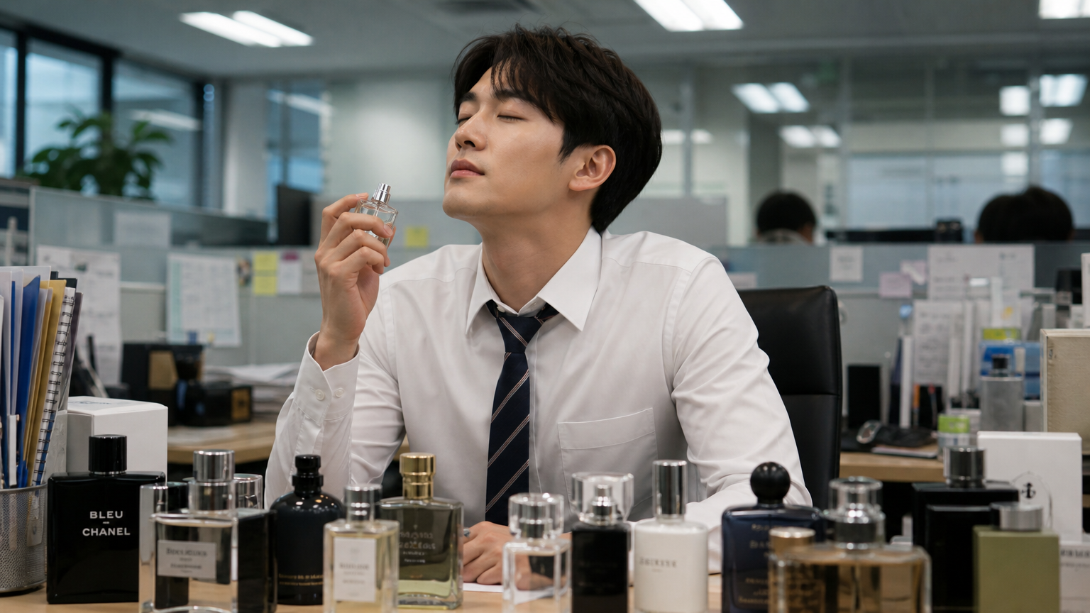 사무실 책상에 다양한 향수가 놓여 있고, 한 사람이 작은 병을 얼굴 가까이 대고 있는 모습